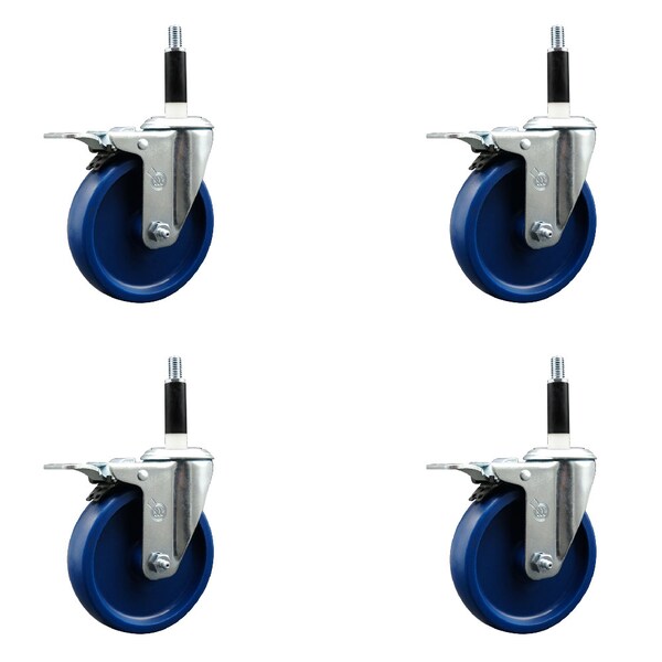 5'' SS Solid Poly Swivel 7/8'' Expanding Stem Caster Set Total Lock Brake, 4PK
